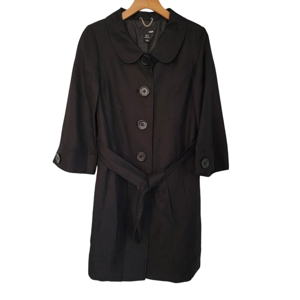 H&M Jacket Women’s Black Linen Blend Lined Coat Sz 4 Belted Pockets